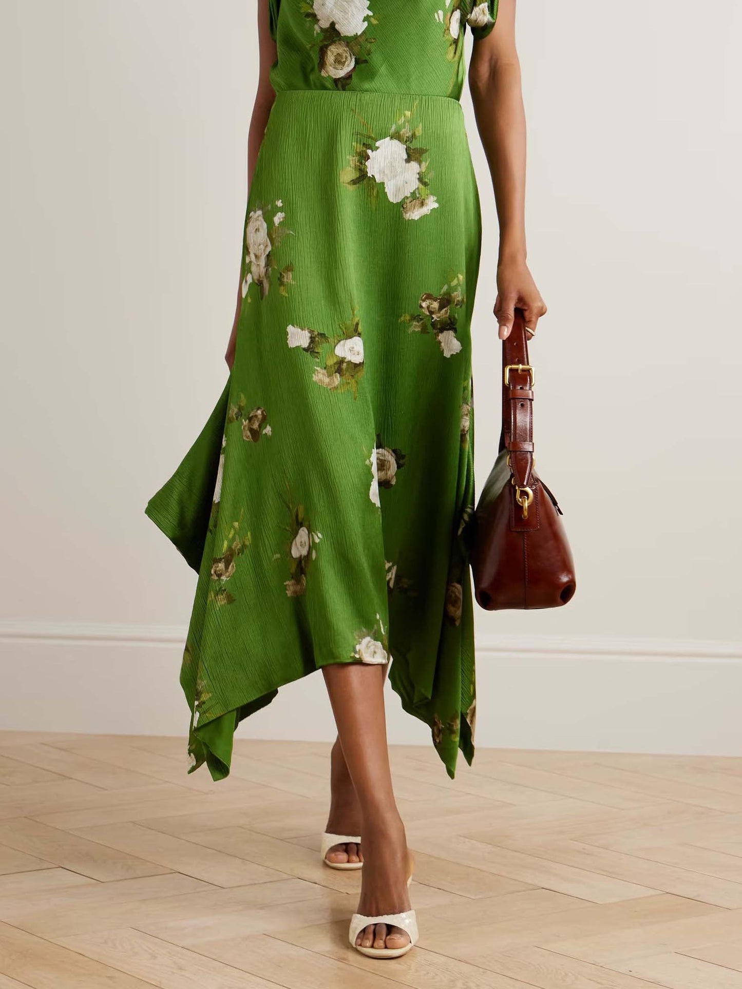 Exquisite Rose Floral Print Satin Irregular Skirt