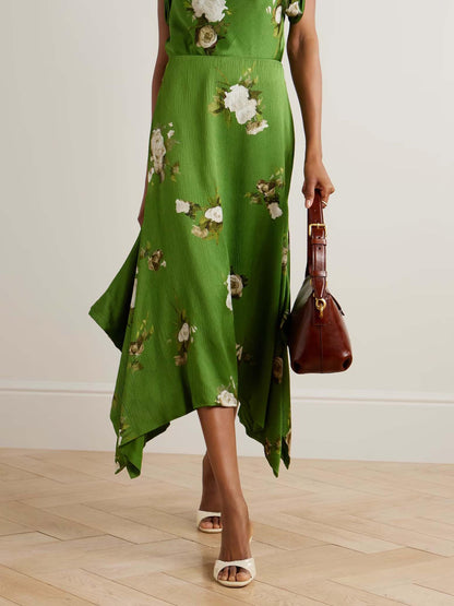 Exquisite Rose Floral Print Satin Irregular Skirt