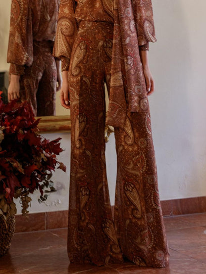 Retro Paisley Print Slim-Fit Wide-Leg Pants
