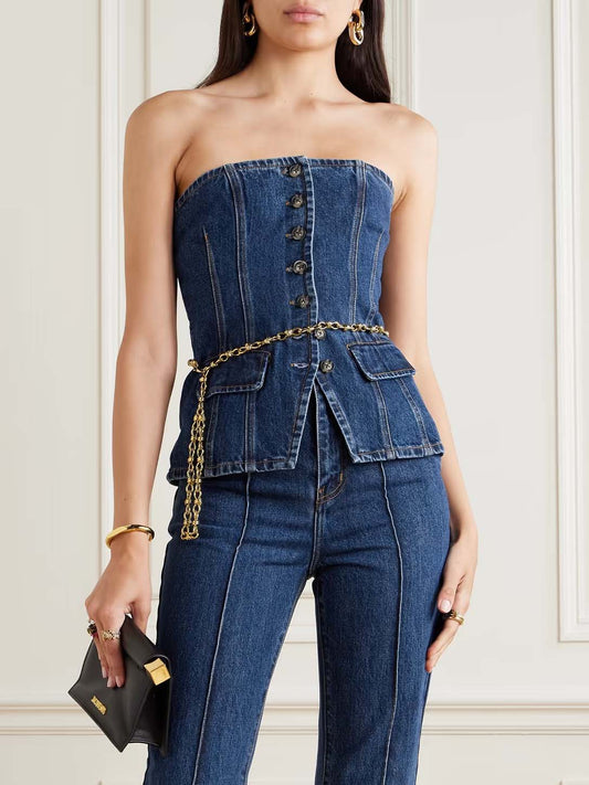 Chic Strapless Button-Up Denim Corset Top