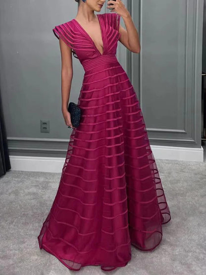 Exquisite Mesh-Panel Deep V-Neck Party Maxi Dress