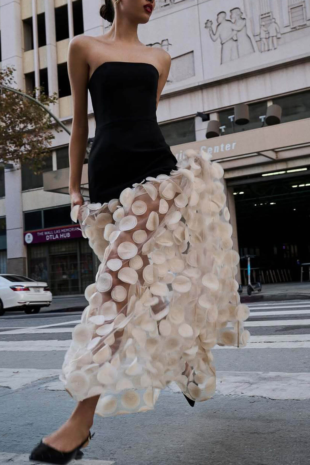 Elegant Strapless Top with Patchwork Polka Dot Mesh Maxi Dress