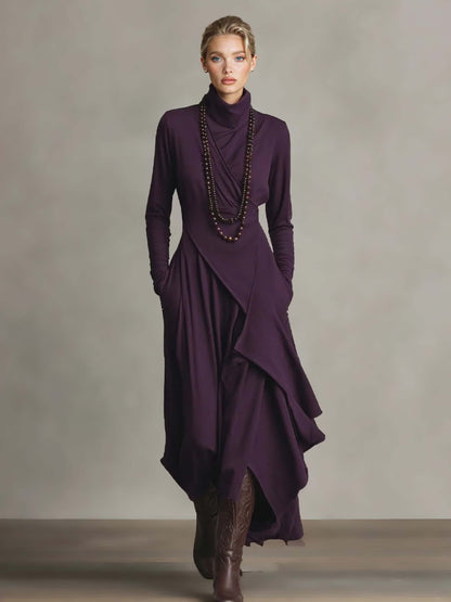 Elegant High-Neck Draped Asymmetrical Maxi Dress