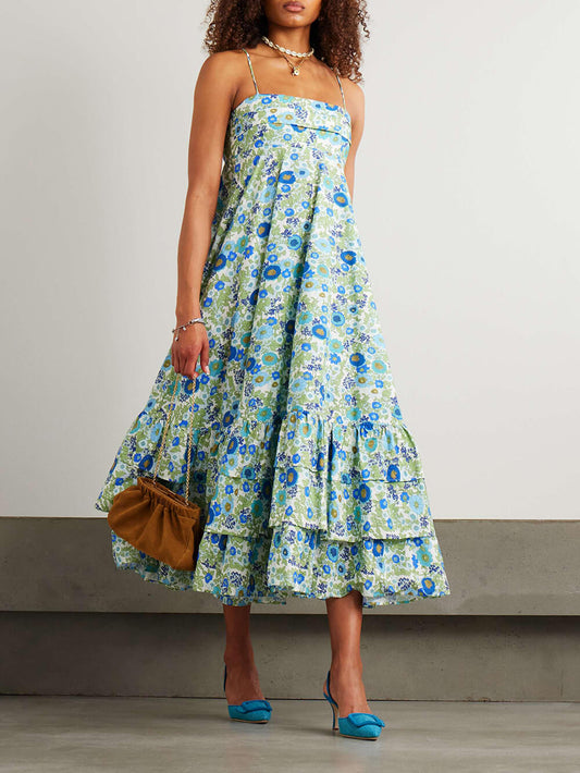 Delicate Layered Ruffled Floral Print Halter Midi Dress