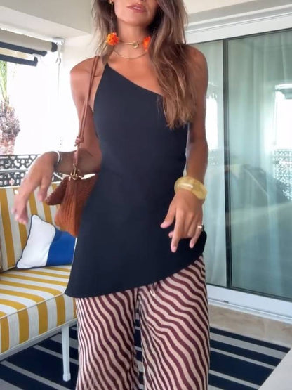 Slant-neck Backless Top And Sstripe Printed Wide Leg Pants Set-Top