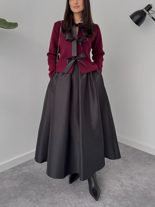 Elegant Bow-Knit Cardigan And A-Line Maxi Skirt Set