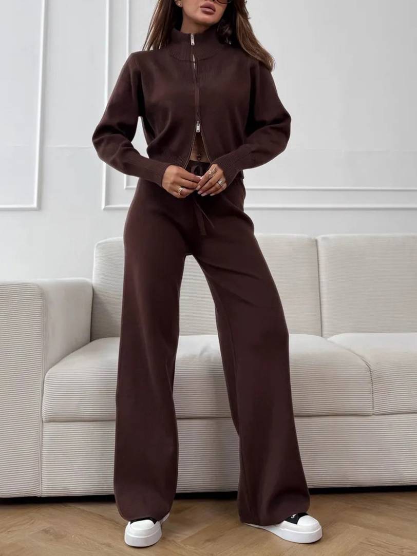 Casual Knitted Cardigan And Wide Leg Pants Suit