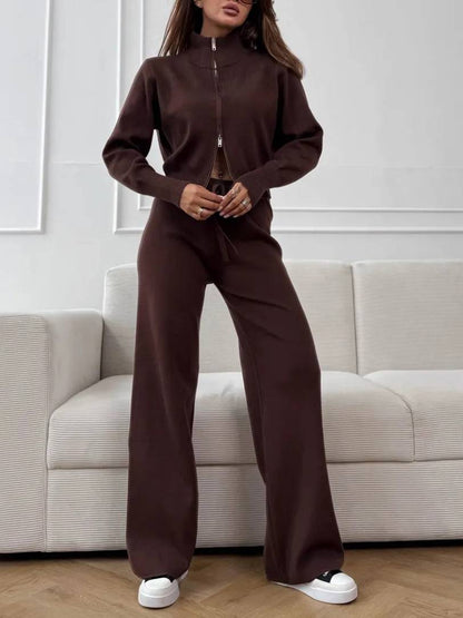 Casual Knitted Cardigan And Wide Leg Pants Suit