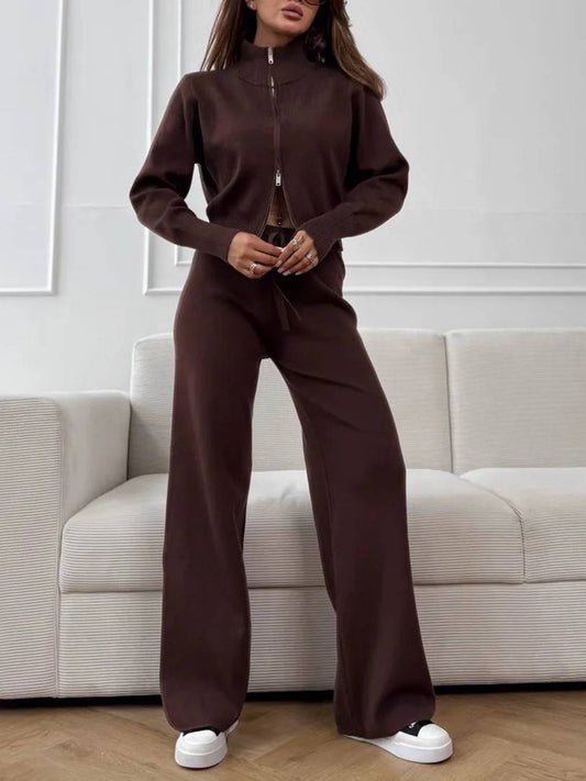 Casual Knitted Cardigan And Wide Leg Pants Suit
