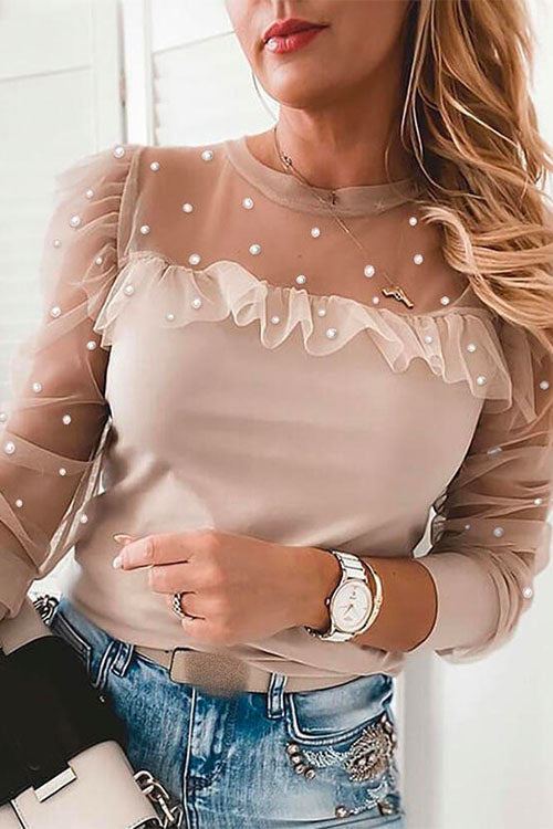 Crewneck Puff Sleeve Lace Splice Chiffon Top