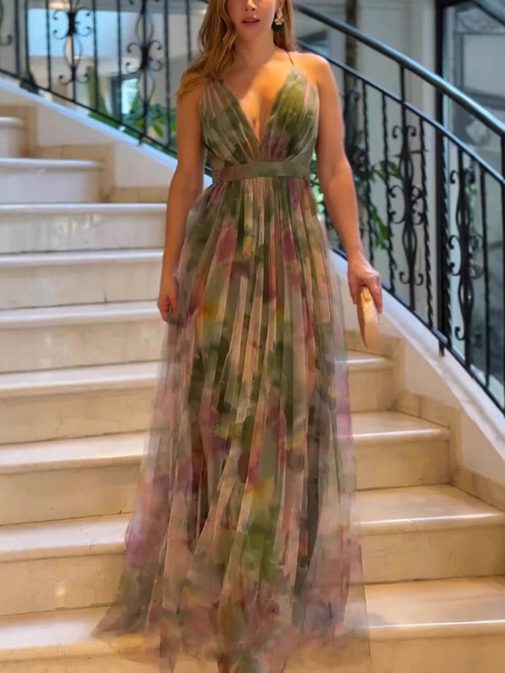 Elegant Casual Mesh Print Suspender Wide Swing Maxi Dress