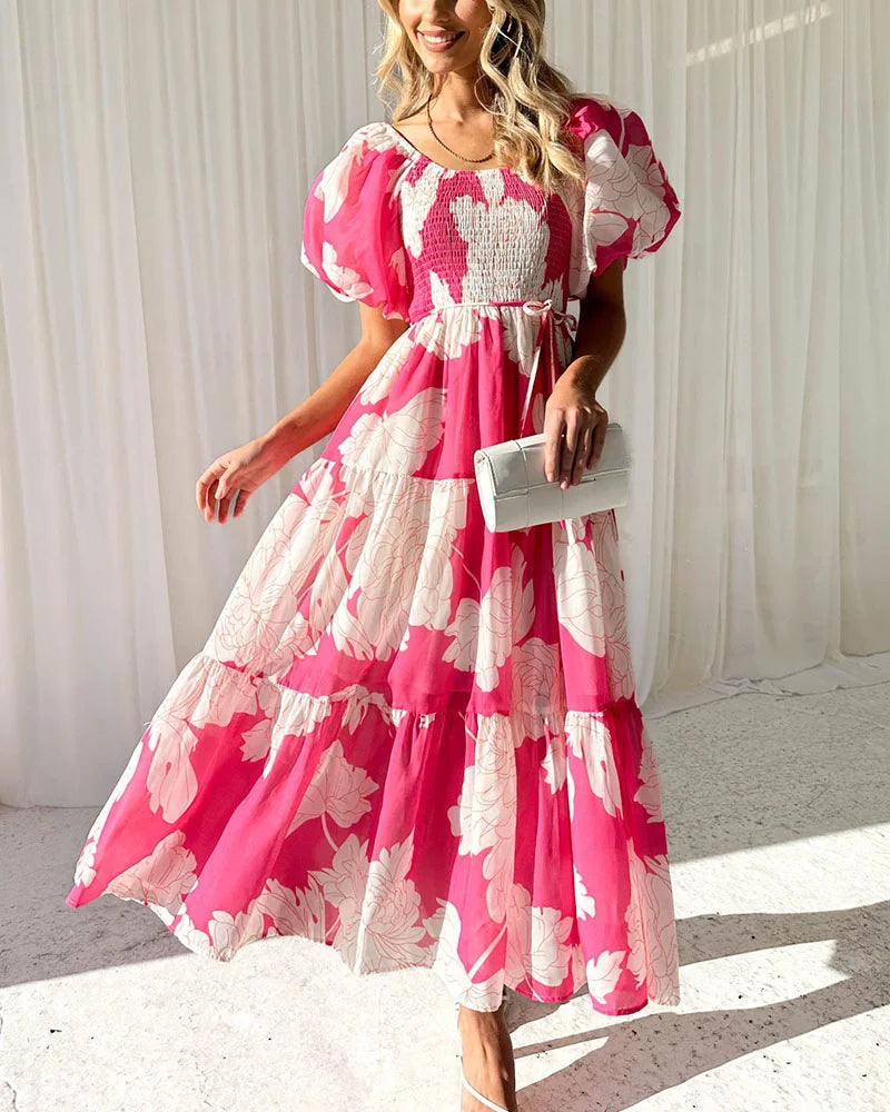 Elegant printed one-shoulder puff-sleeve dress