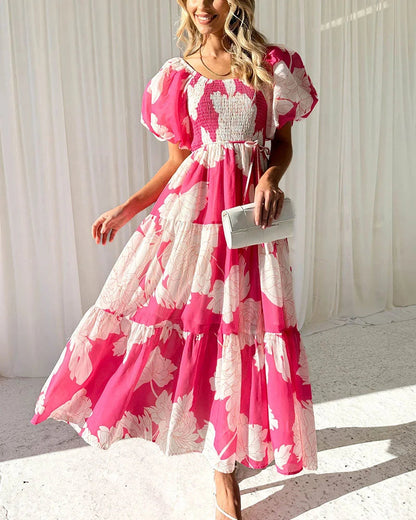 Elegant printed one-shoulder puff-sleeve dress