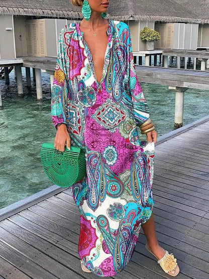 Bohemian V-Neck Printed Maxi Dress