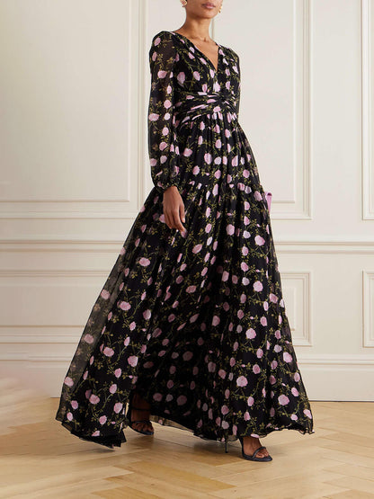 Romantic Exquisite Pleated Floral Print Chiffon Maxi Dress