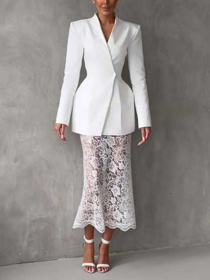 Elegant Asymmetrical Suit And Lace Skirt Two-Piece Set