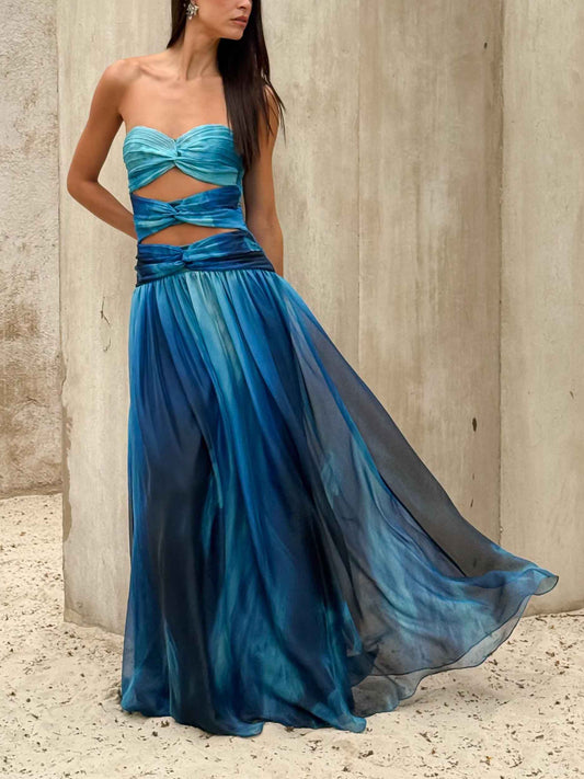 Elegant Strapless Cutout Gradient Maxi Dress