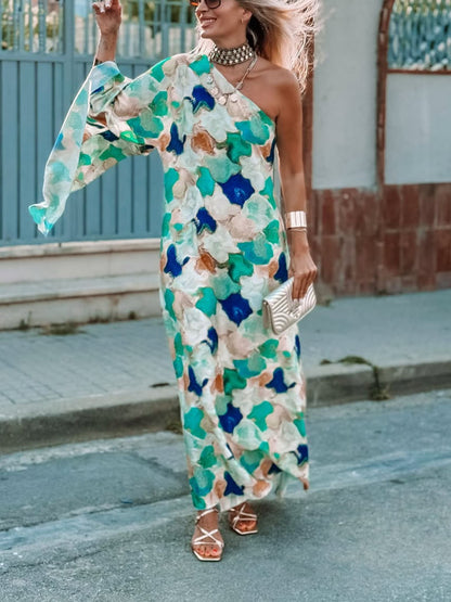 Asymmetric Neckline One-Sleeve Printed Chiffon Dress