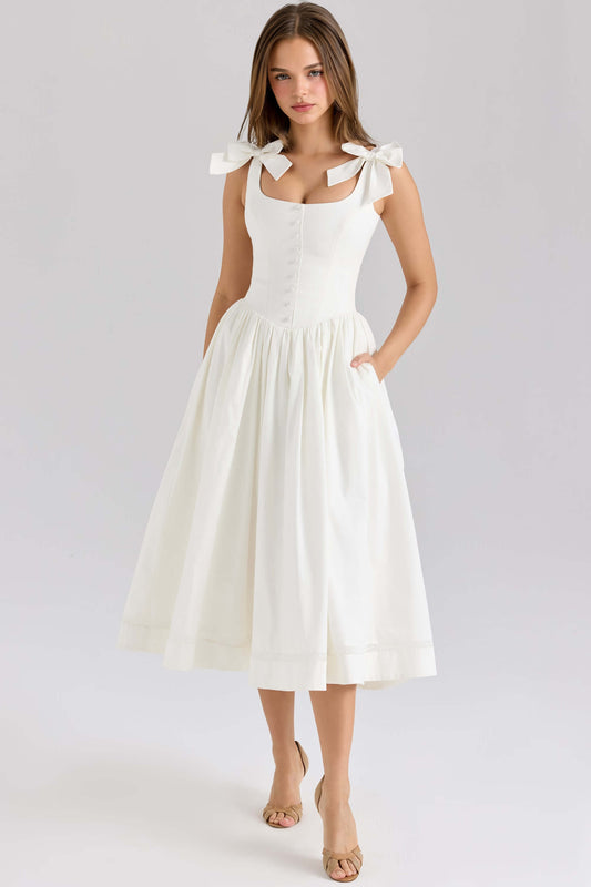 Retro Drape Bow Pleated Midi Dress