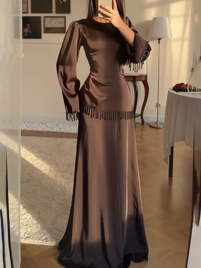 Elegant Satin Beaded Tassel Maxi Dress