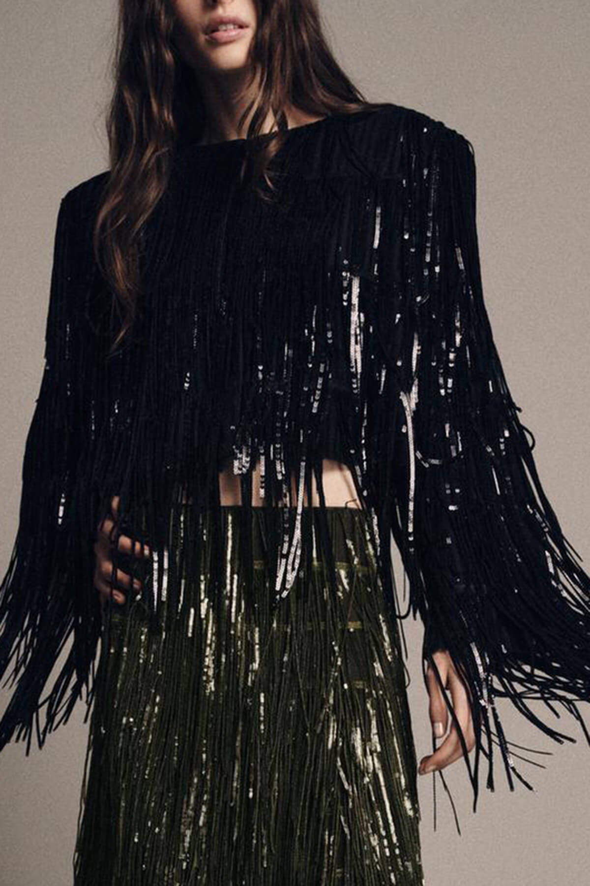 Exquisite Sequin Fringe Embellished Round-Neck Long-Sleeve Jacket