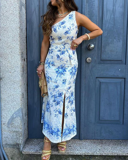 Elegant Vacation Shoulder Slit Print Two-piece Set