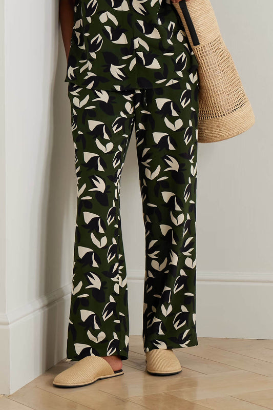 Unique Floral Print Satin Elastic Waist Straight Leg Pants