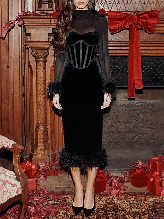 Mesh Patchwork Velvet Corset Dress