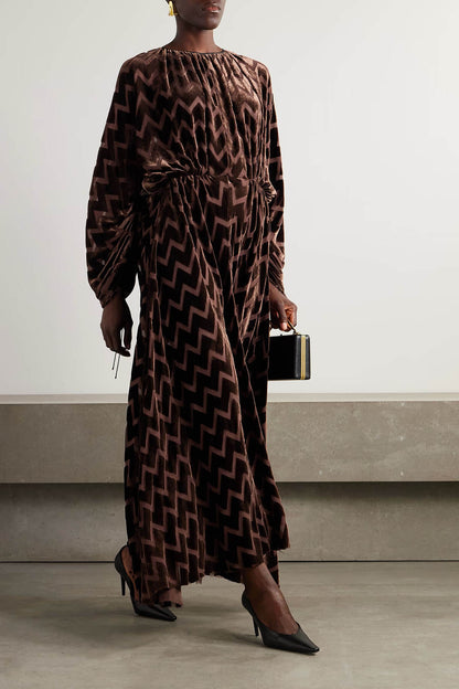 Exquisite Wave Print Drawstring Ruched Maxi Dress