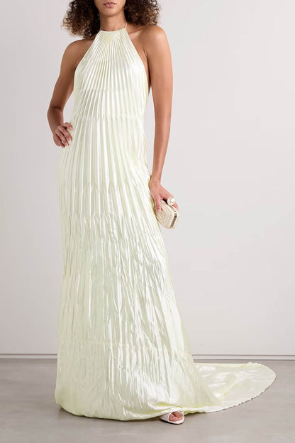 Elegant Pleated Satin Backless Maxi Dress