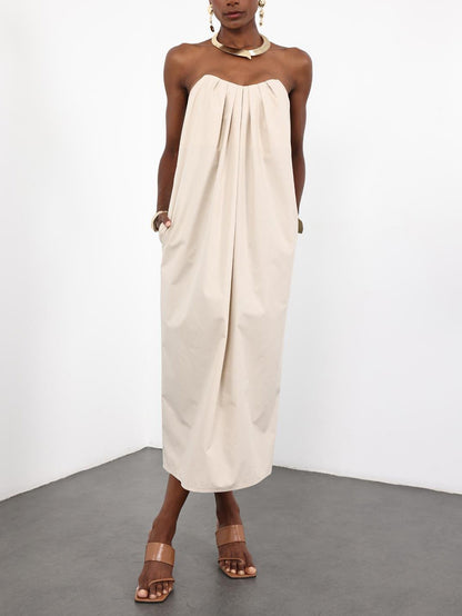 Elegant Beige Pleated Sweetheart Neck Maxi Dress