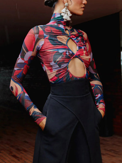 Elegant High-neck Cutout Abstract Print Bodysuit