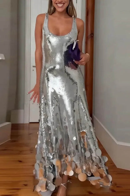 Exquisite Party Tips Sequin Irregular Round Tassels Hem Back Cutout Tank Maxi Dress