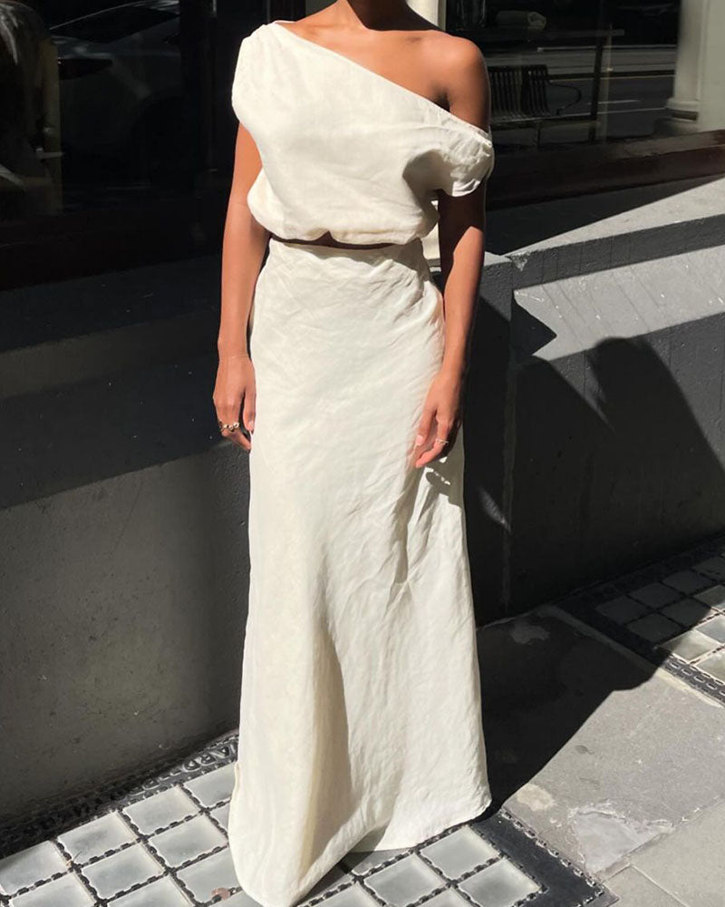 Chic slanted shoulder cotton and linen two-piece set