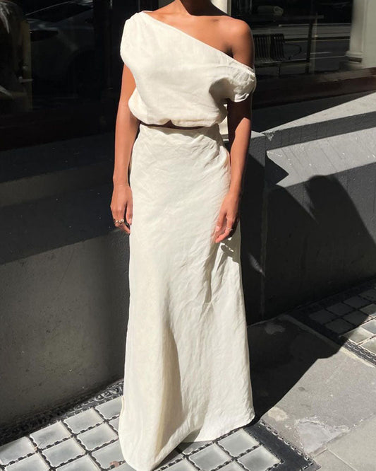 Chic slanted shoulder cotton and linen two-piece set