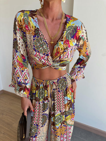 Retro Plant Print Short Shirt