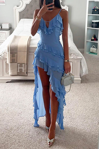 V-Neck Ruffle Trim High Low Hem Party Cami Dress