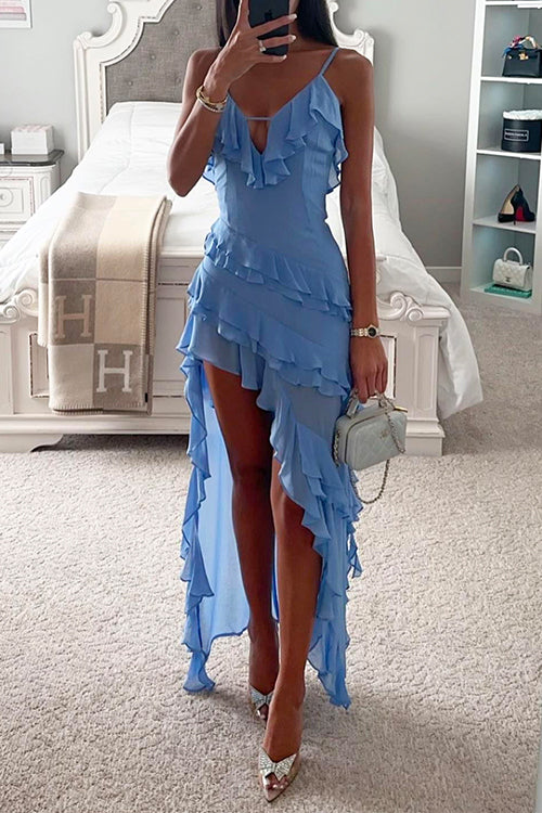V-Neck Ruffle Trim High Low Hem Party Cami Dress