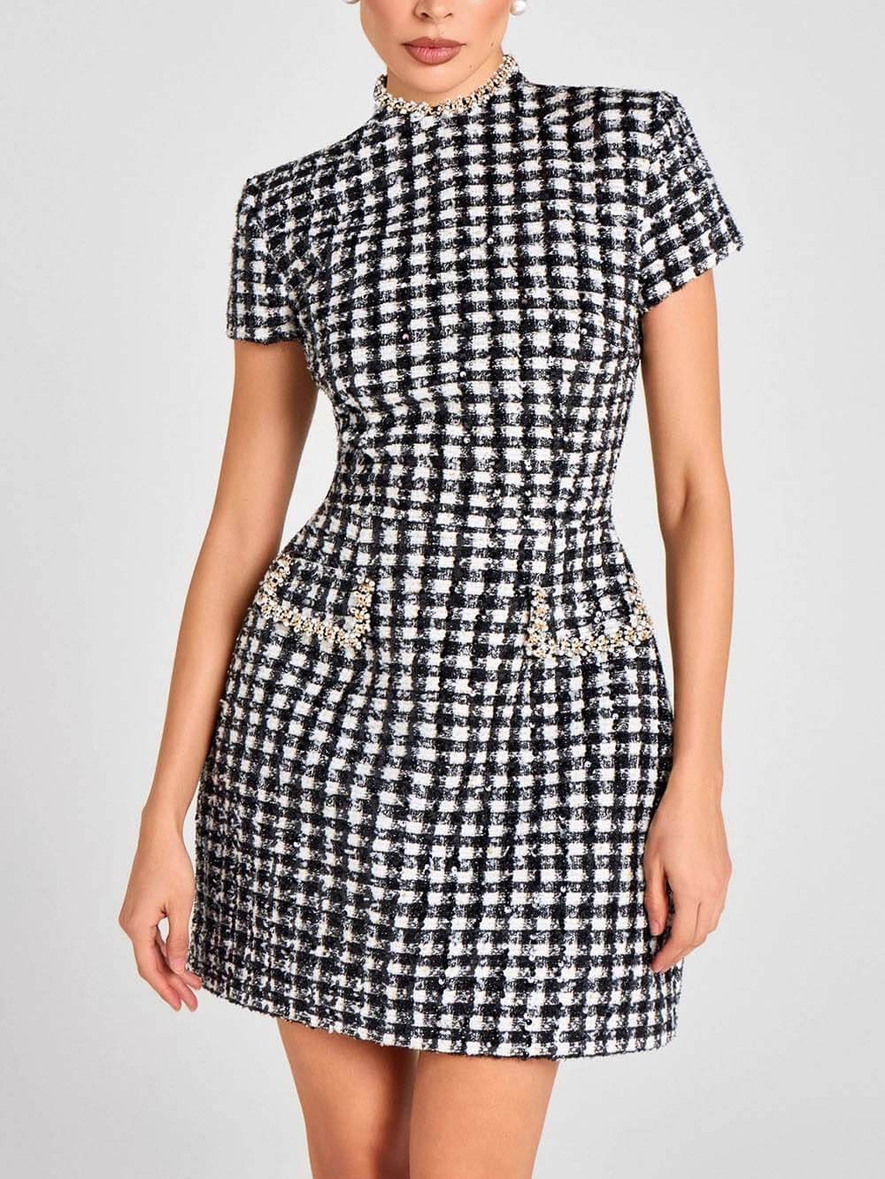 Elegant Sequin Beaded Plaid Tweed Mini Dress
