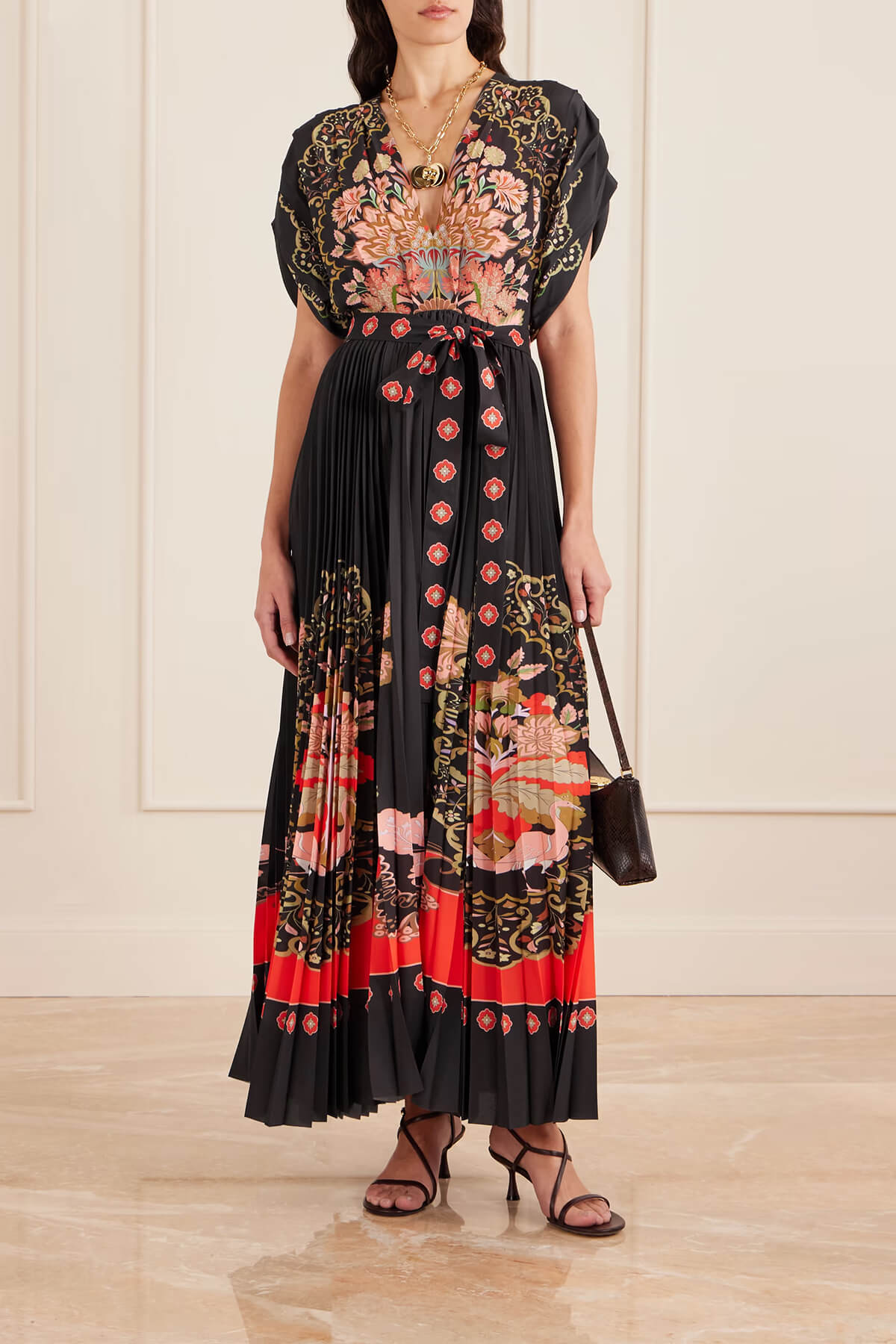 Exquisite Tie-Up Pleated Printed Crepe Maxi Dress