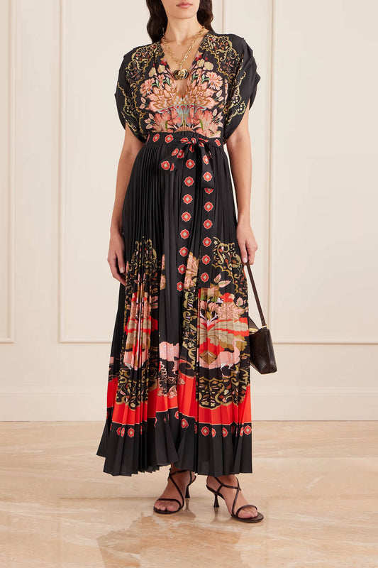 Exquisite Tie-Up Pleated Printed Crepe Maxi Dress