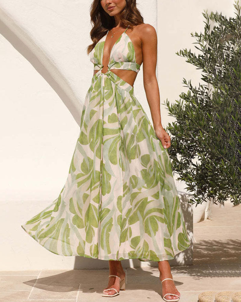 V-neck open back lace-up printed dress