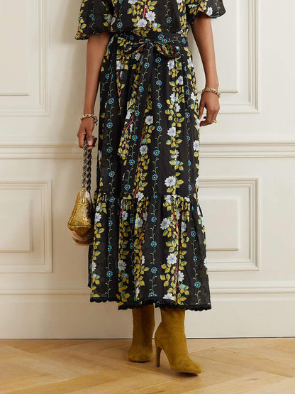 Elegant Belted Scalloped Floral-Print Chiffon Maxi Skirt