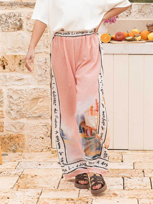 Unique Casual Printed Elastic Waist Wide Leg Pants