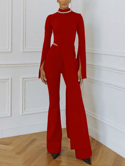 Elegant Rhinestone Color-blocked Irregular Two-piece Set