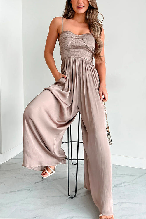 Spaghetti Strap Smocked High Waist Wide Leg Flowy Jumpsuit