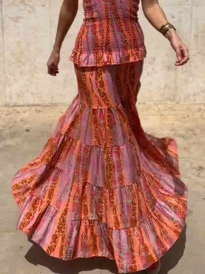 Casual Retro Folk Style Printed Layered Skirt