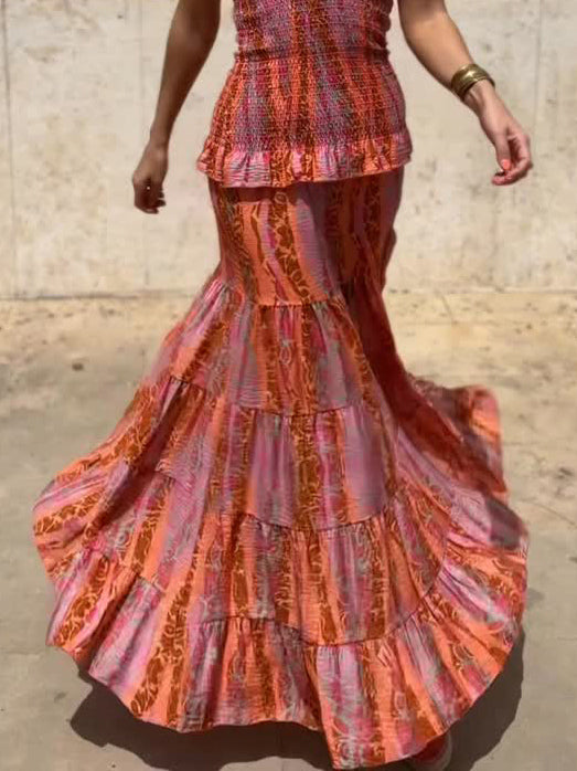 Casual Retro Folk Style Printed Layered Skirt