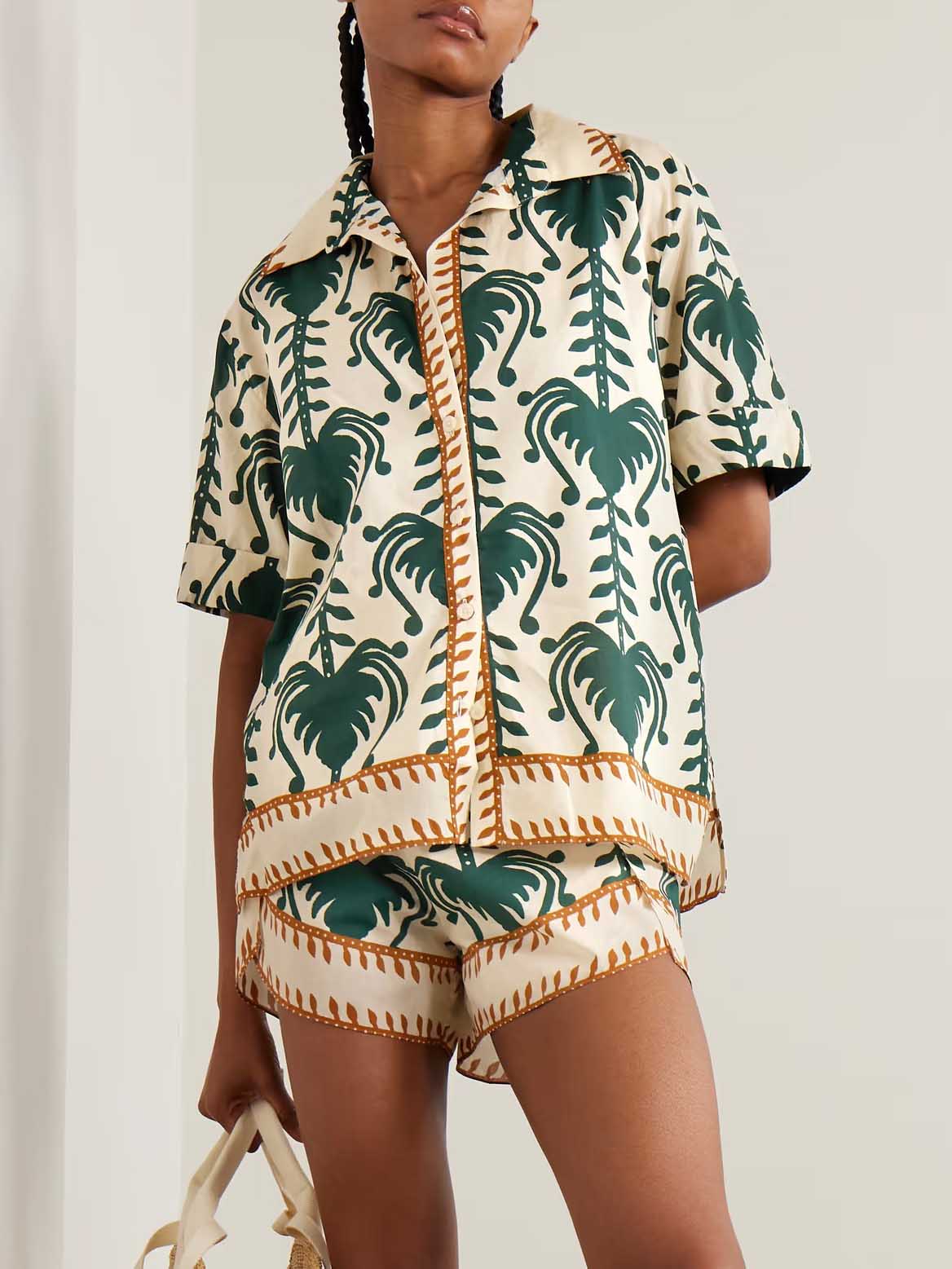 Casual Tropical Print Short-Sleeve Shirt And Shorts Two-Piece Set