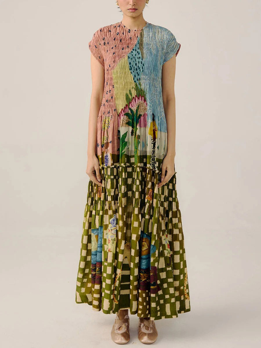 Retro Pleated Print Maxi Dress